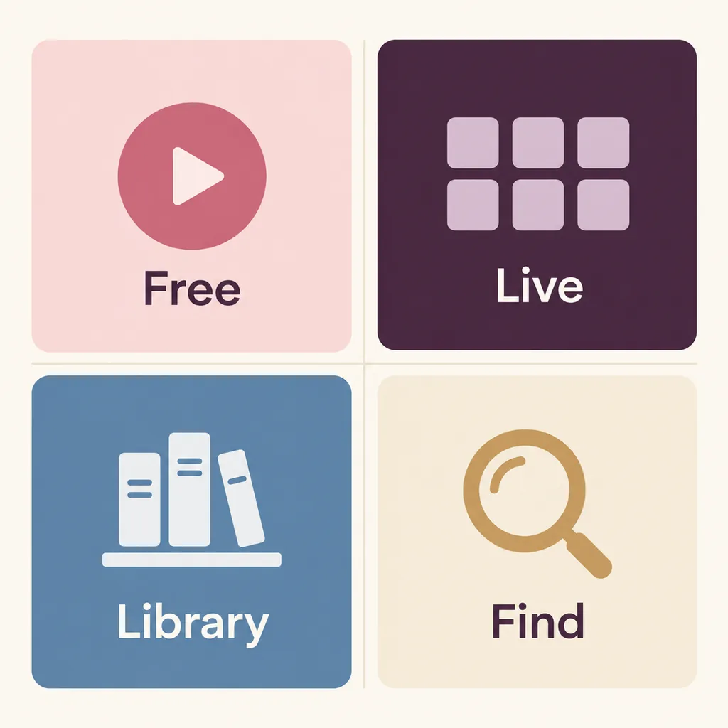 Diagrama editorial que compara streaming gratis, canales, biblioteca multimedia y búsqueda de títulos