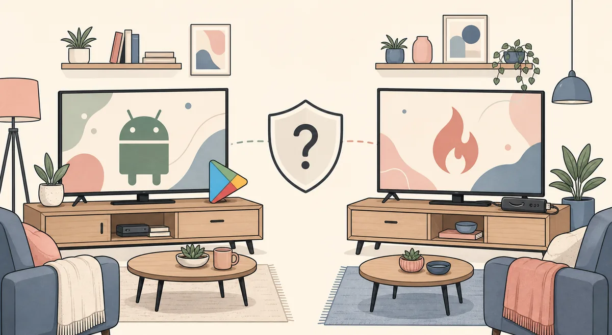Illustration conceptuelle comparant Android TV et Fire TV comme deux vérifications de compatibilité distinctes