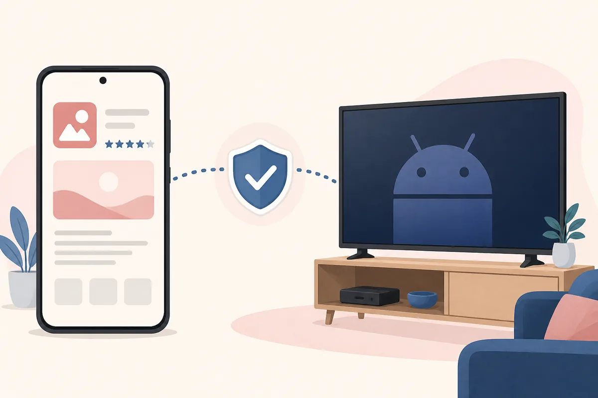 Illustration éditoriale reliant une fiche d’application mobile à un téléviseur Android TV avec un bouclier de vérification