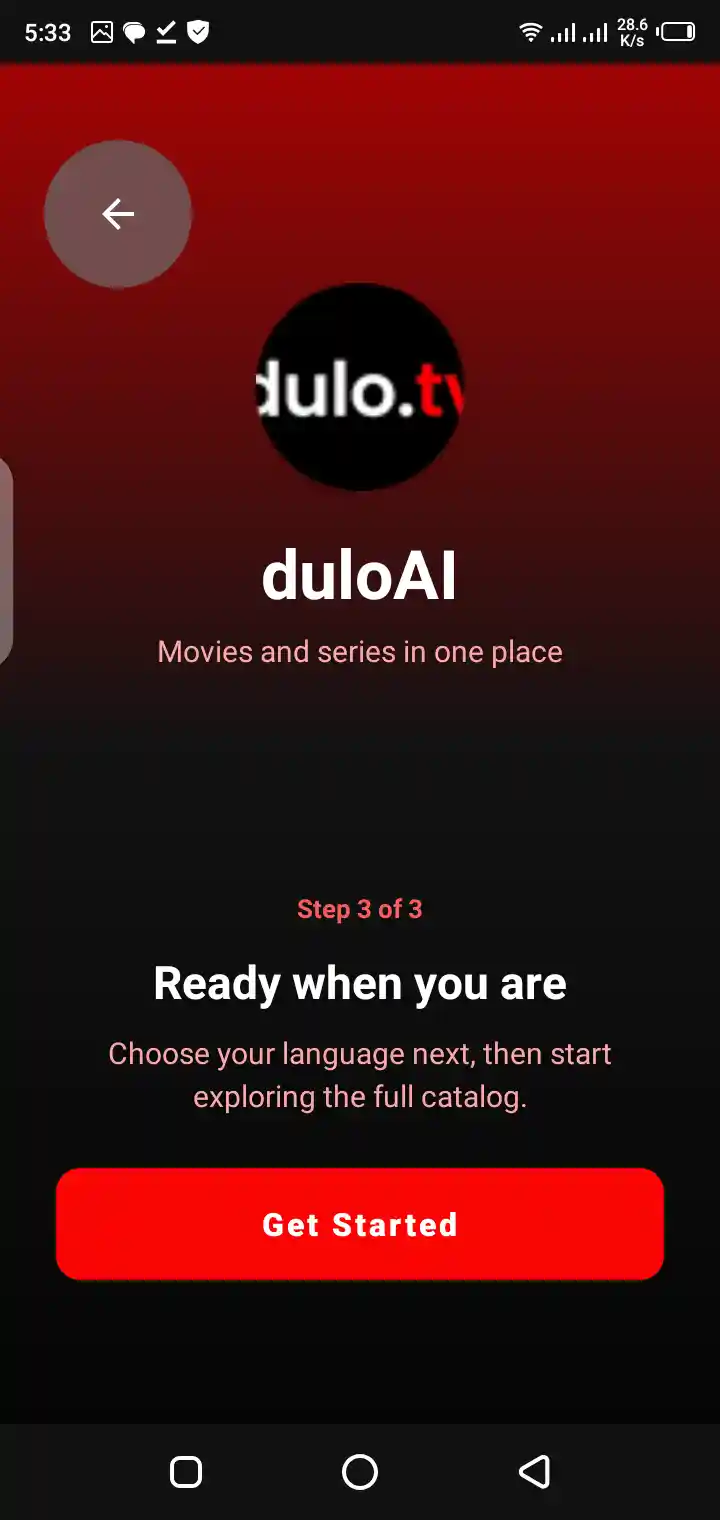 Real Dulo TV duloAI Android app screenshot showing the onboarding screen