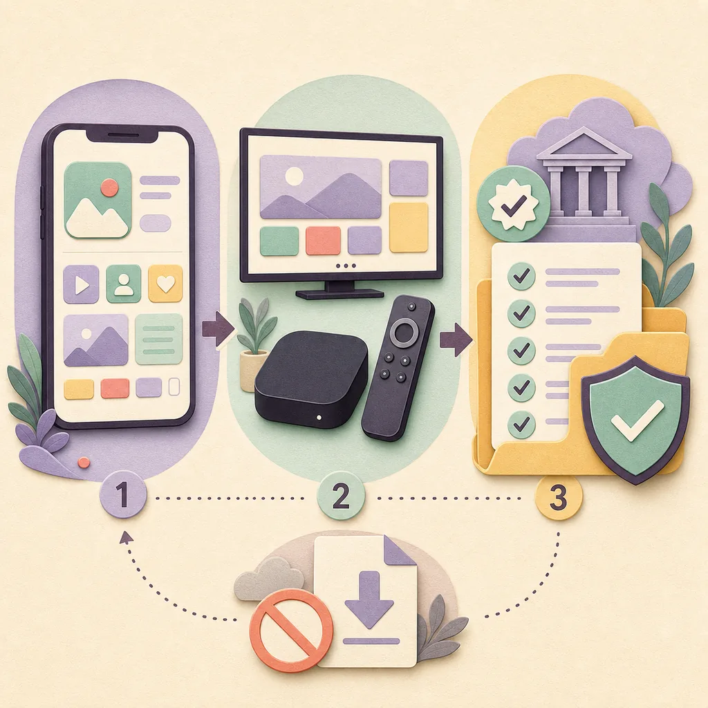 Ilustração conceitual de celular, dispositivo de TV e fonte verificada bloqueando um arquivo não verificado