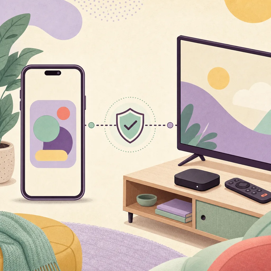 Ilustração editorial de um celular, uma televisão e um escudo ligados por um caminho de verificação