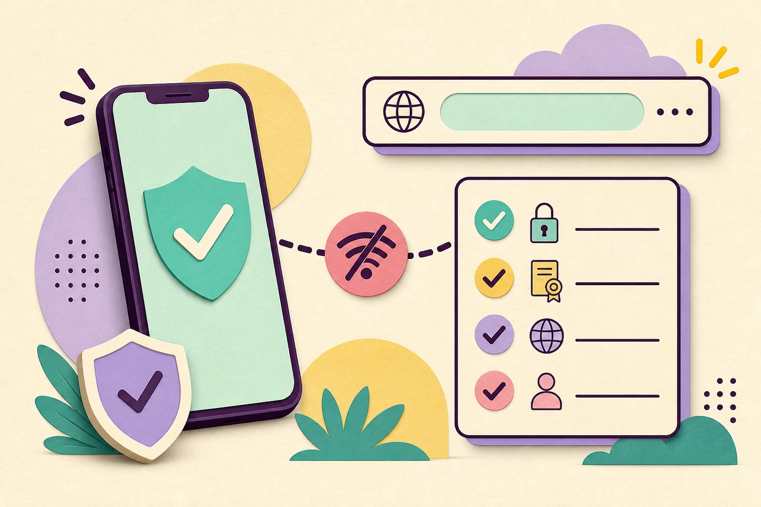 Redaktionelle Illustration mit Smartphone, unterbrochener Verbindung und Checkliste zur Prüfung einer App-Quelle