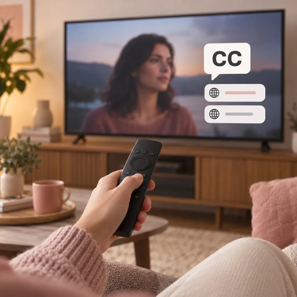Televisore con sottotitoli, telecomando e lista di controllo