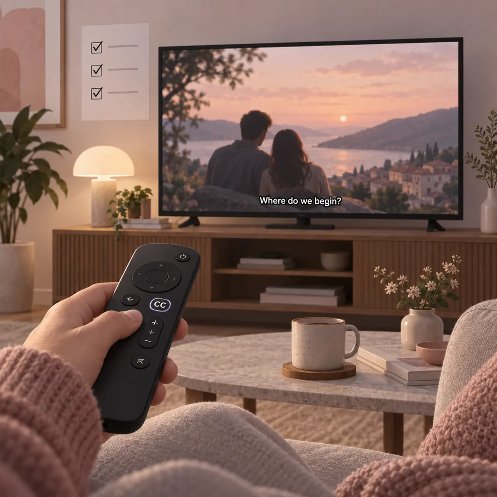 Televisore con sottotitoli, telecomando e lista di controllo